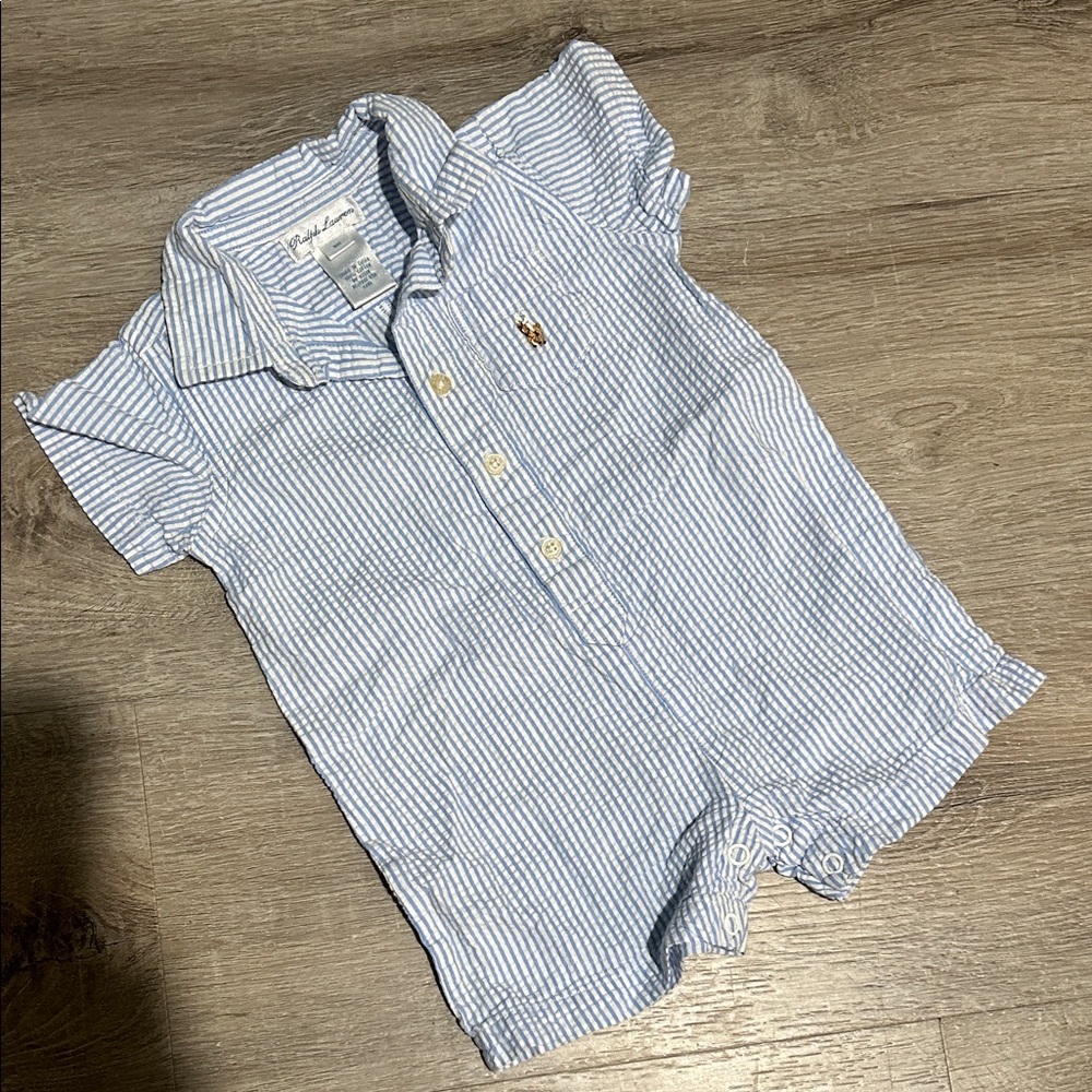 Ralph Lauren Kids Blue and White Striped Button onesie